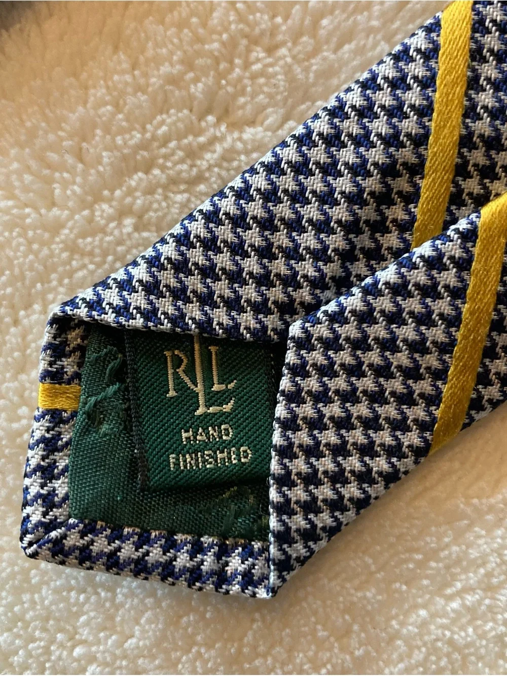 Lauren Ralph Lauren Mens 100% Silk Tie Blue/White Houndstooth Yellow Stripe USA.